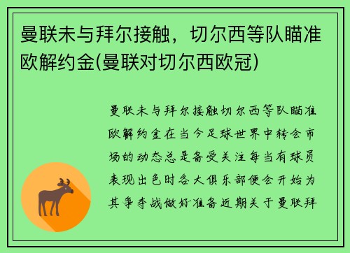 曼联未与拜尔接触，切尔西等队瞄准欧解约金(曼联对切尔西欧冠)