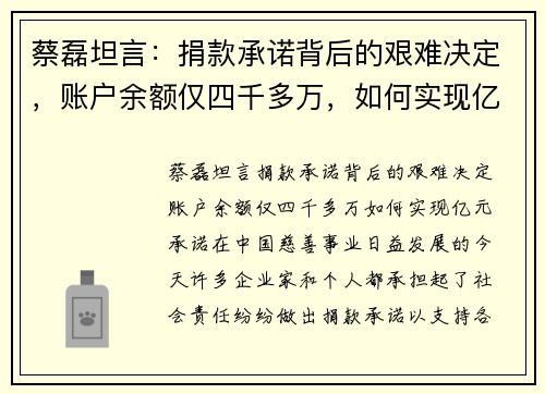 蔡磊坦言：捐款承诺背后的艰难决定，账户余额仅四千多万，如何实现亿元承诺？
